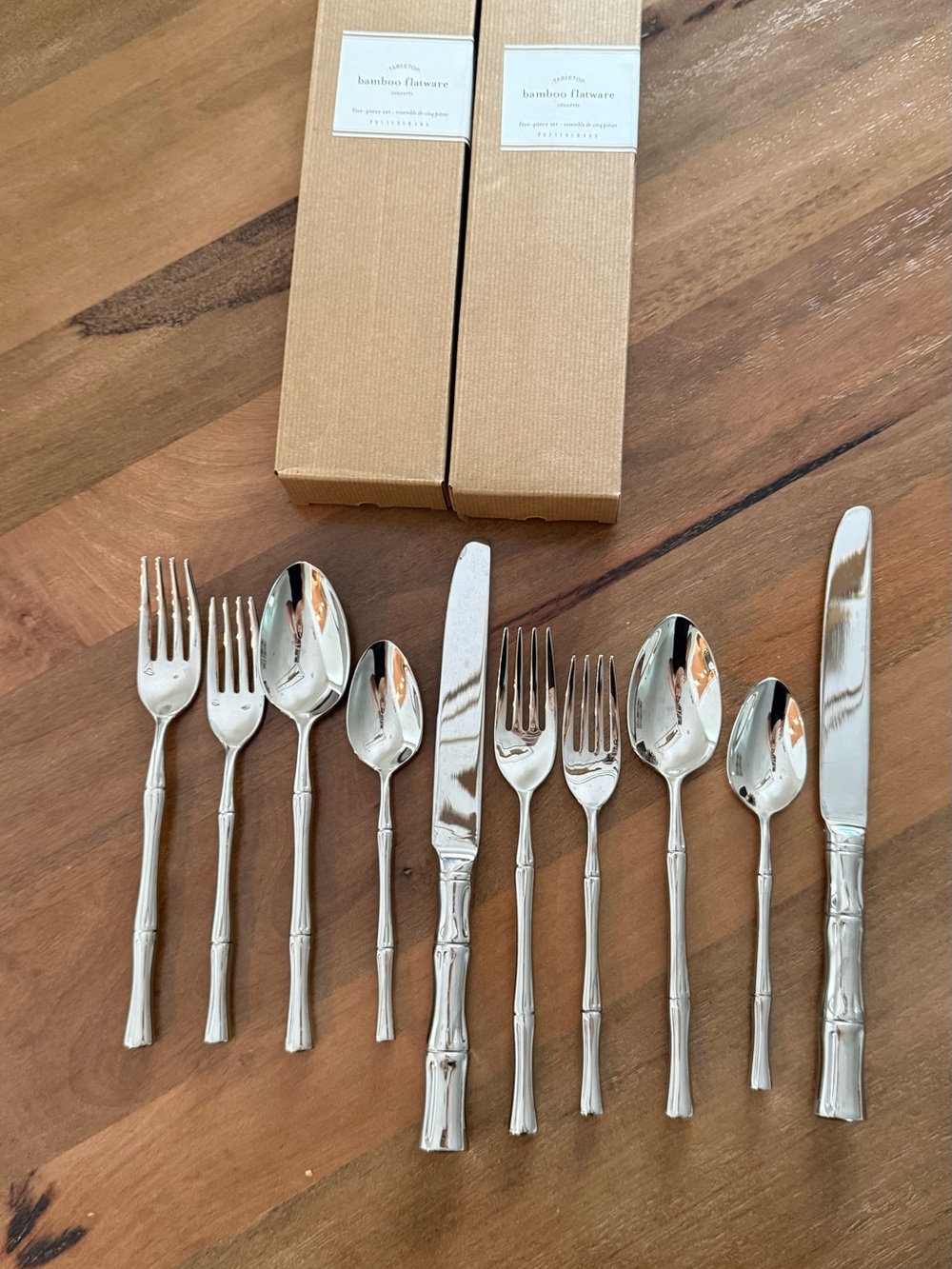 Four- Pottery Barn Silver Bamboo-Handle Flatware Sets